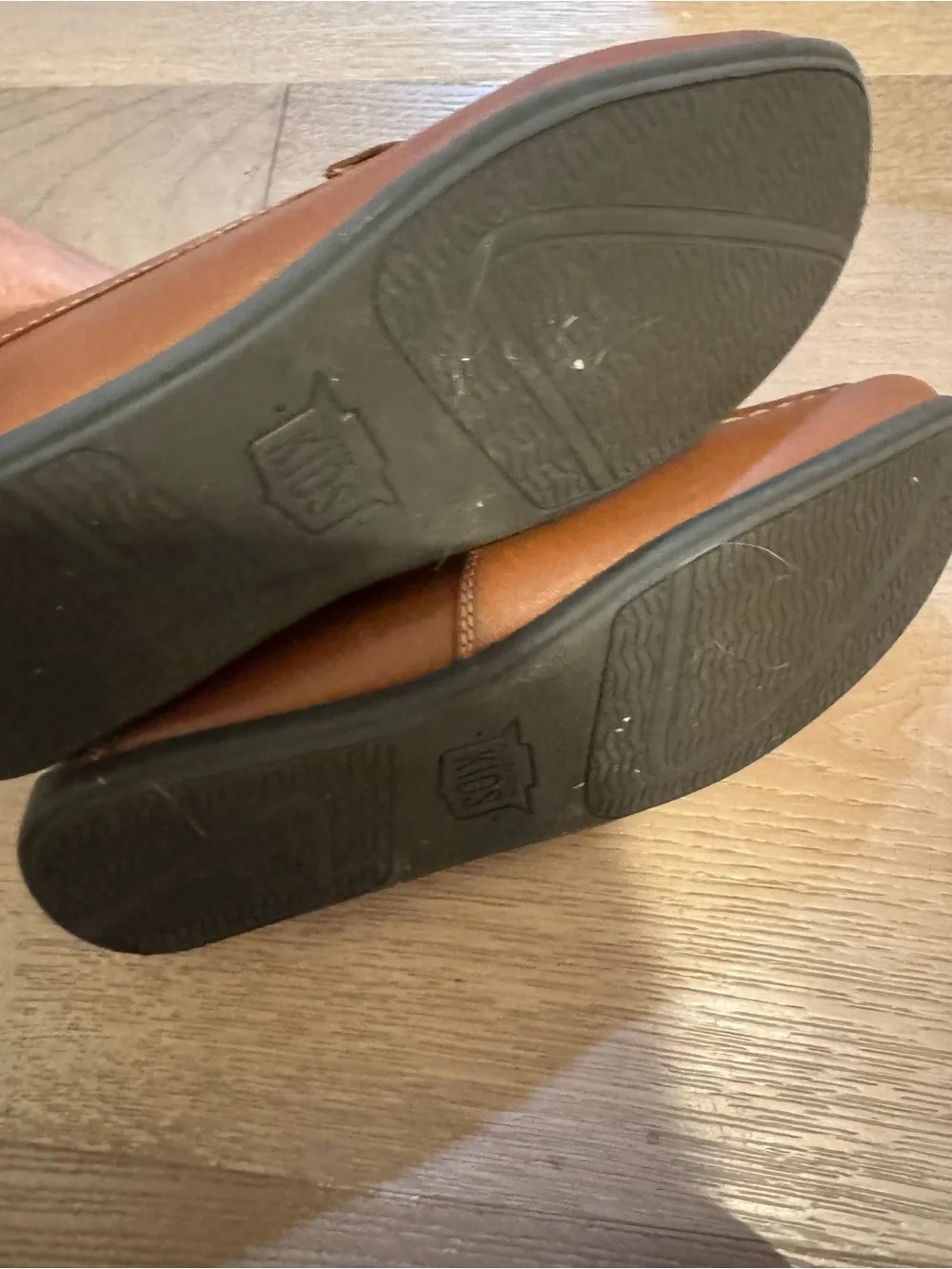 Florsheim Boys Tan Leather Driving Loafers with Navy Stripes
